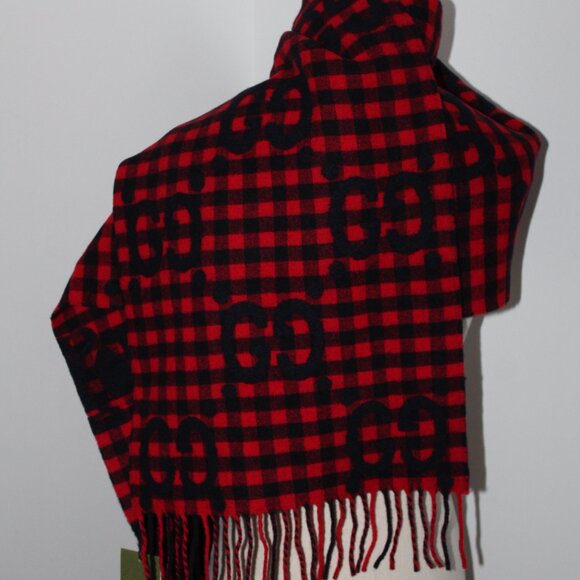 NWT Gucci Red Black Diamond Check GG Logo Scarf Wool Blend - Picture 4 of 8